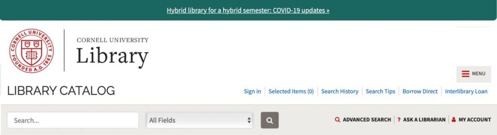 Cornell University Library catalog with red lockup