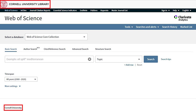 Web of Science displays Cornell University Library or Cornell University branding