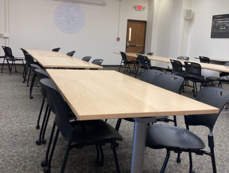Long tables with chairs - Click on this picture to reserve this room.