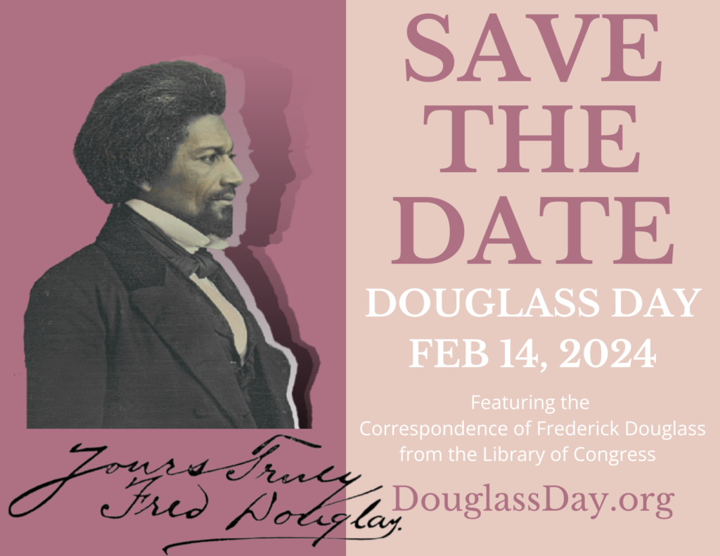 The card features a profile of Frederick Douglass in a black suit and tie, with the phrase "Yours Truly, Fred Douglass" in script below.