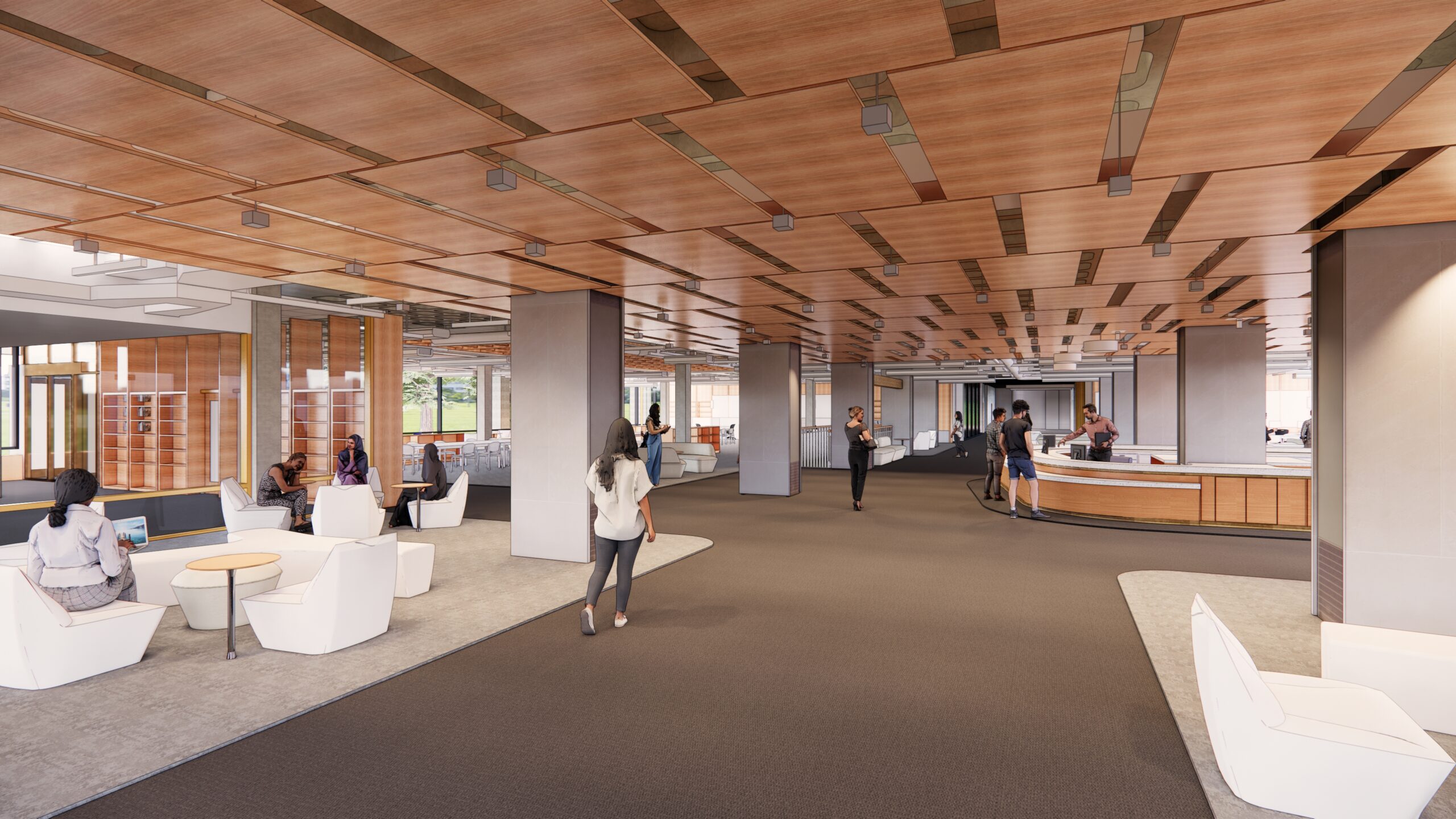 A rendering of the renovated first floor and new service point in Olin Library, seen from the main entrance, by architectural firm Goody Clancy.